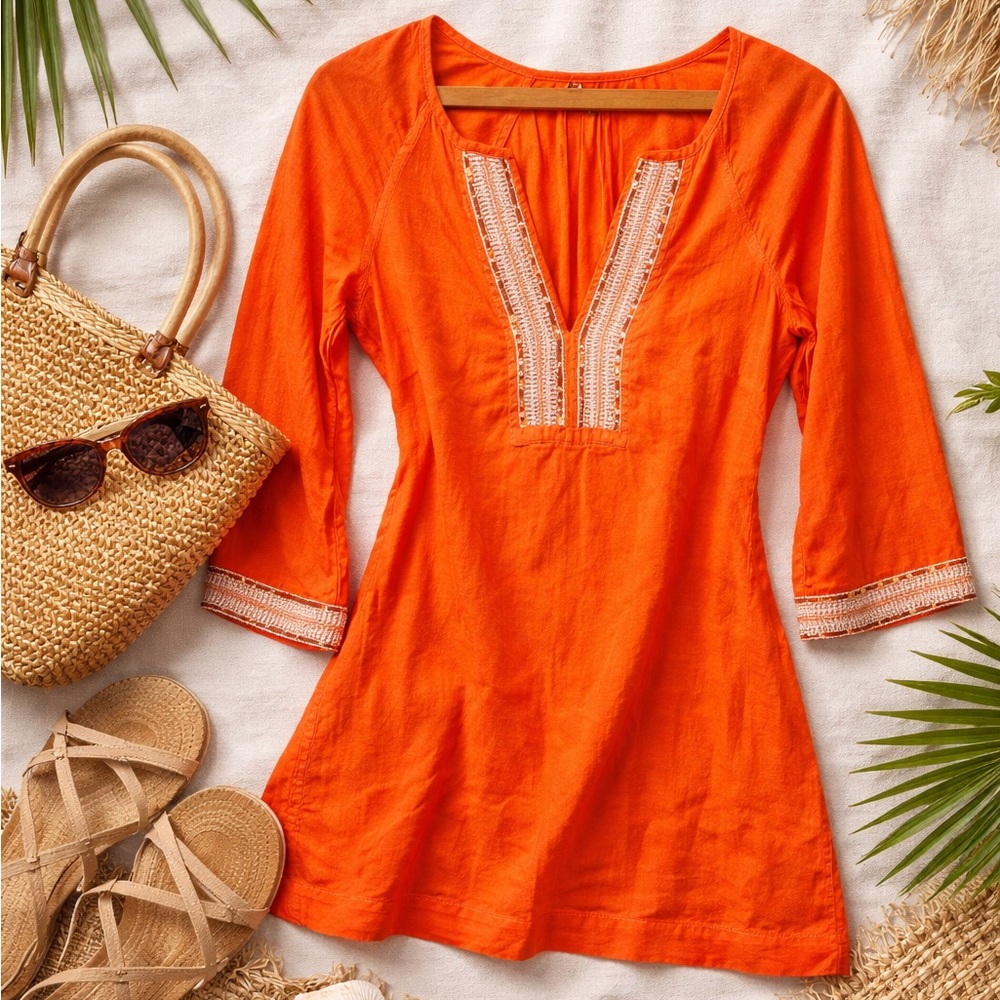 Athleta Orange Embroidered Boho Tunic Top XXS V Neck Sequin Detail Beach